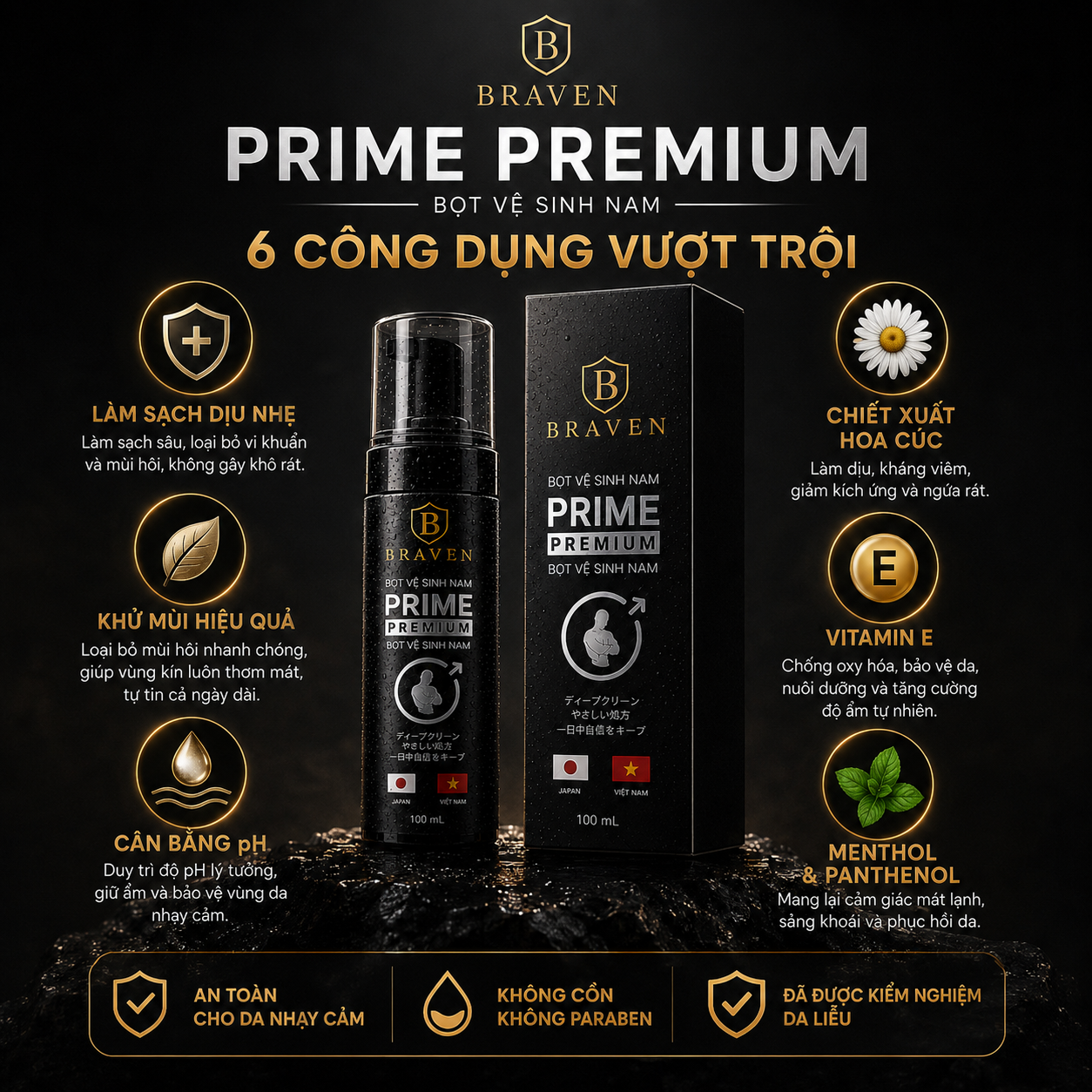 BRAVEN PRIME PREMIUM FOAM – Bọt Vệ Sinh Nam Cao Cấp, Hương Premium Nam Tính, Sạch Thoáng Tự Tin